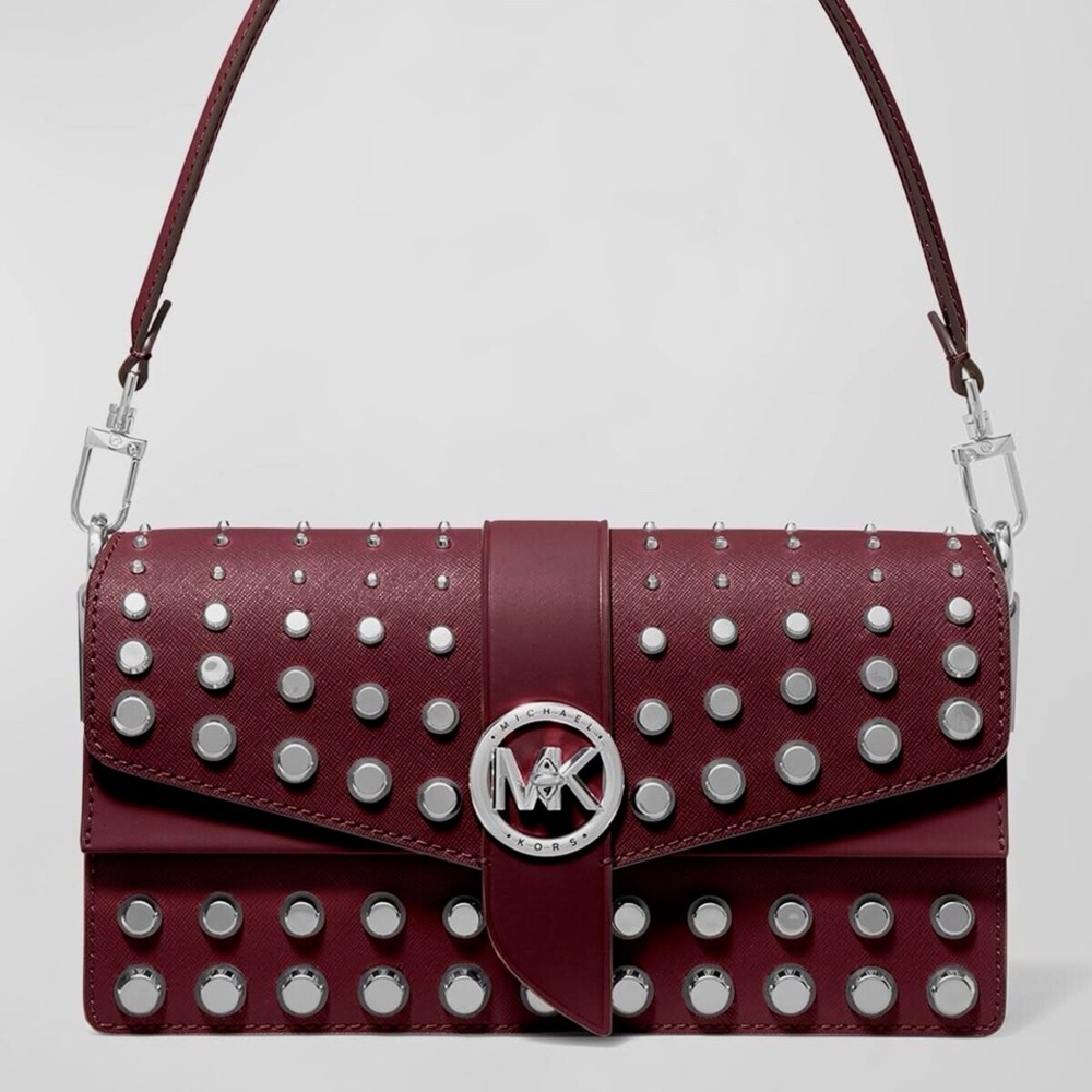 MICHAEL KORS GREENWICH MEDIUM STUDDED SAFFIANO LEATHER SHOULDER BA
